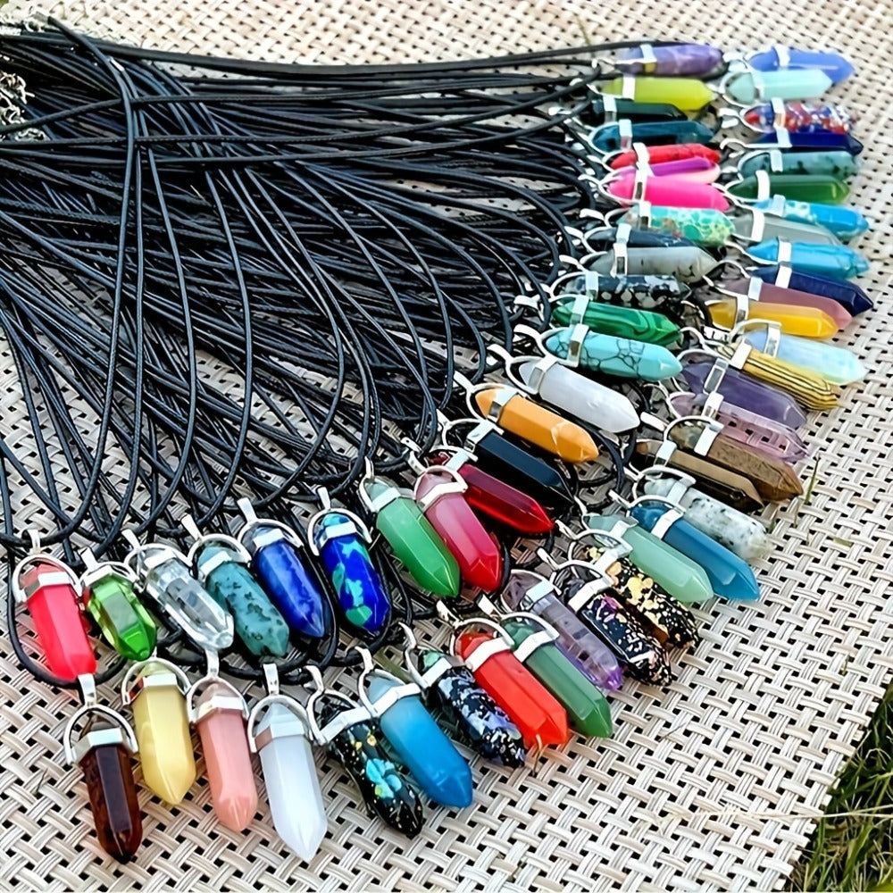 Crystal Natural Stone Pendant Necklace Set Bulk 60Pcs 30Sets Hexagonal Shaped Assorted Color for Jewelry Making Craft DIY Daily Wear Gift - product image