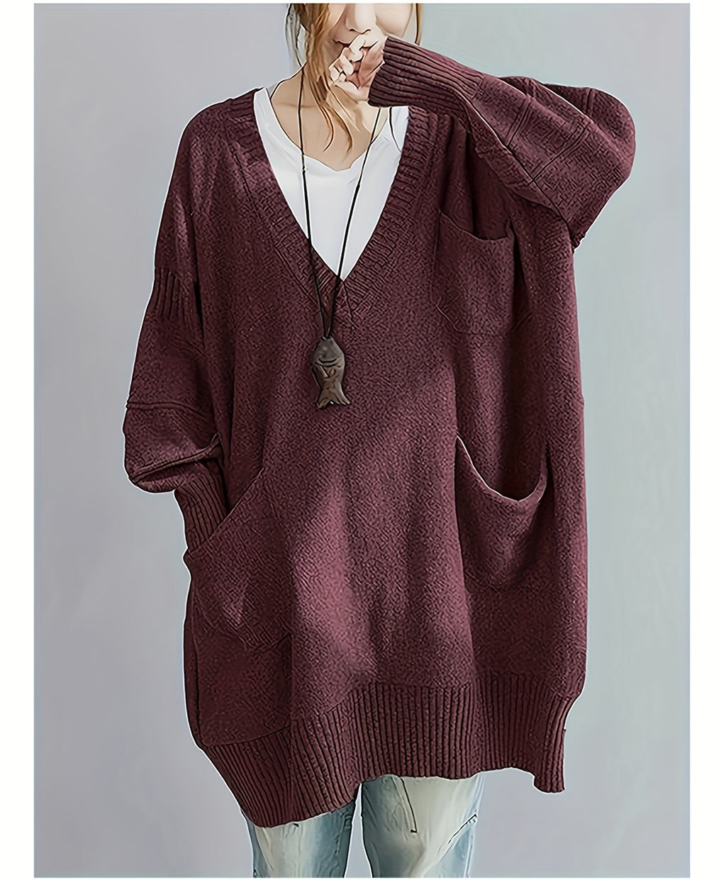 Plus Size, Women's Plus Size Oversized V-Neck Longline Sweater - Soft Machine-Washable Black Pullover for Fall Winter, Elegant Loose Fit Casual Chic Wardrobe - product image 24
