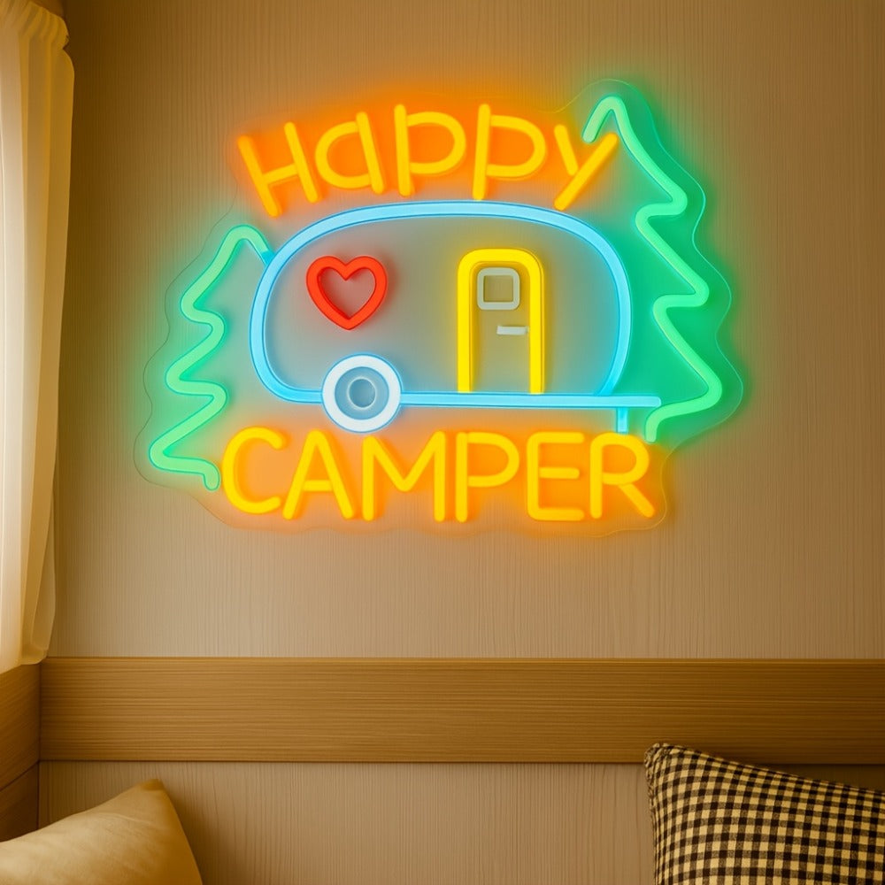 Happy Campers Neon Sign LED Wall Light | Illuminated RV Camper Decor Sign for Campsite Bedroom Man Cave Bar Party Polychrome Glowing Gift for Campers - product image