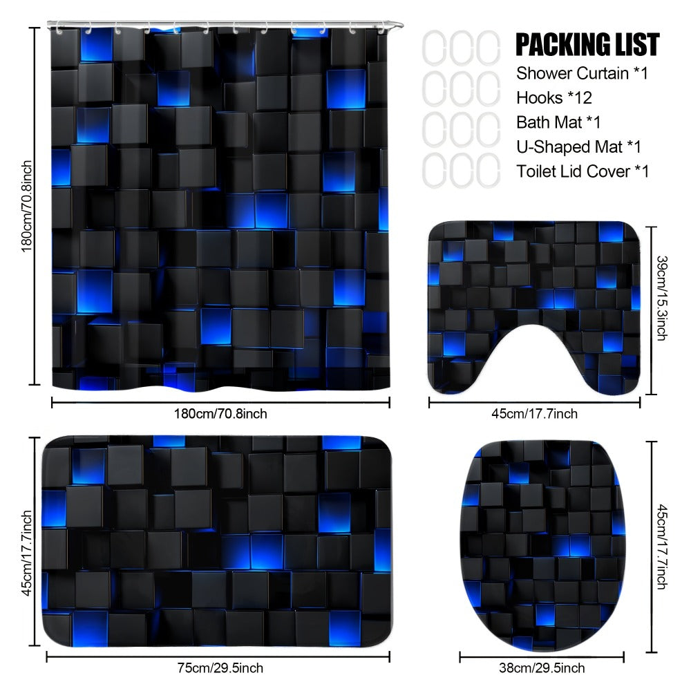 Shower Curtain Set with 12 Hooks & Toilet Seat Cover, 4-Piece Bathroom Set Dark Blue Geometric Abstract Cube Pattern, Modern Waterproof Bath Curtain Set for Bathroom Decor - product image 3