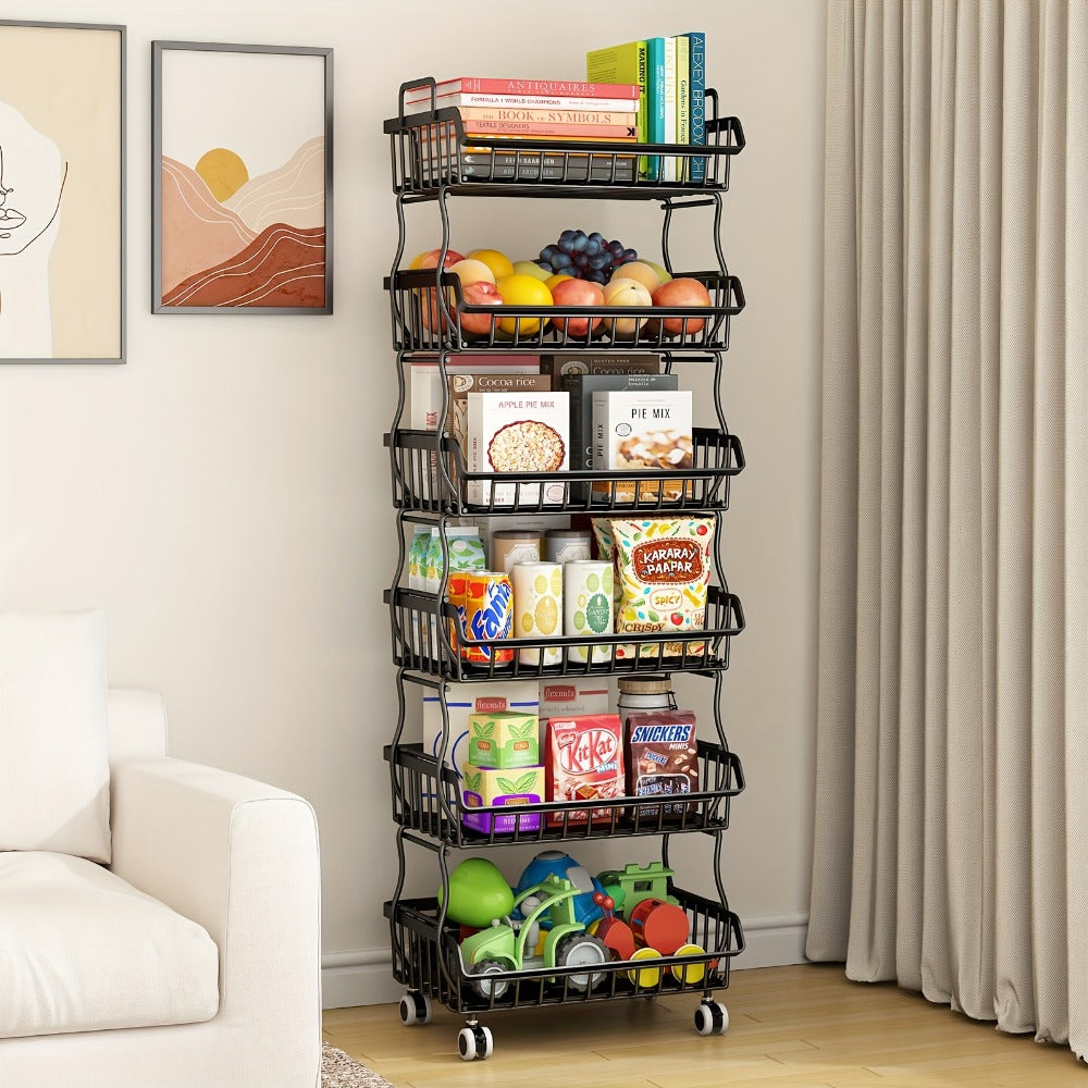 6-Tier Stackable Metal Wire Storage Basket Organizer with Wheels - Rolling Kitchen Pantry Rack for Fruits Vegetables Utensils, Space-Saving Open Shelf - product image 5