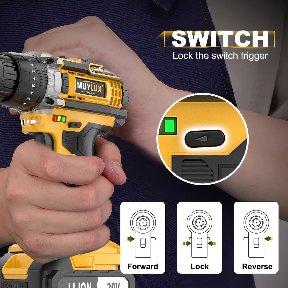 20V Cordless Drill Set Impact Power Drill 3/8 Inch Keyless Chuck 18+3 Clutch 45Nm Max Torque 2-Speed Work Light 2.0Ah Battery Fast Charger 136 148 PCS Kit - product image 7