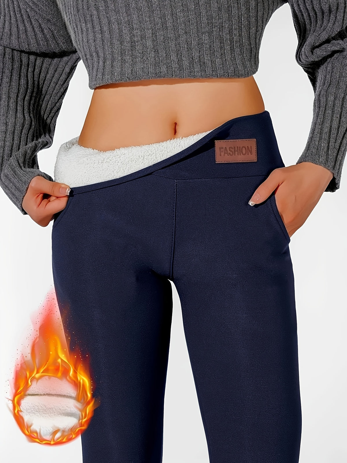 1 Pair Women's High-Waisted Thermal Long Pants, Elastic Warmth with Stretch Waistband Detail, Solid Color, Fabric, Autumn/Winter Collection