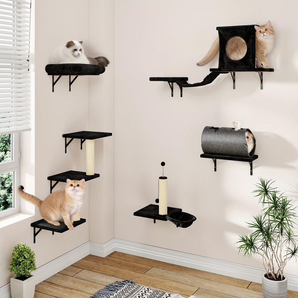 7-Piece Deluxe Wall Mounted Cat Furniture with Condo, Scratching Post, Bridge, Ladder & Tunnel for All Cat Sizes – Cat Wall Shelf Climbing Set - product image 5