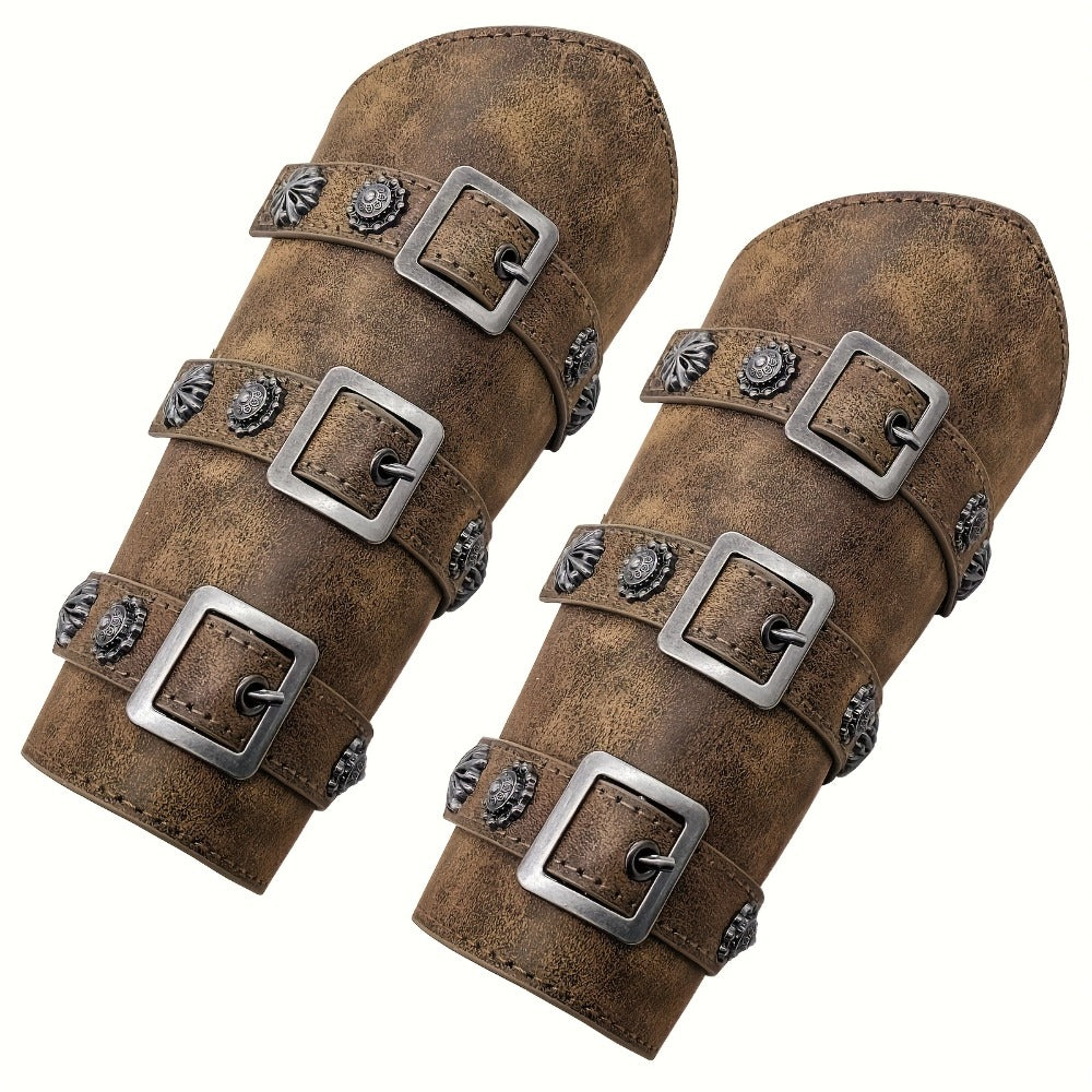 PU Leather Knight Gauntlets Adjustable Metal Buckles Rivets for Men Women Halloween Cosplay LARP Renaissance Fair Stage Costume Dark Brown Khaki Black | Viking Medieval Leather Arm Guards Bracers