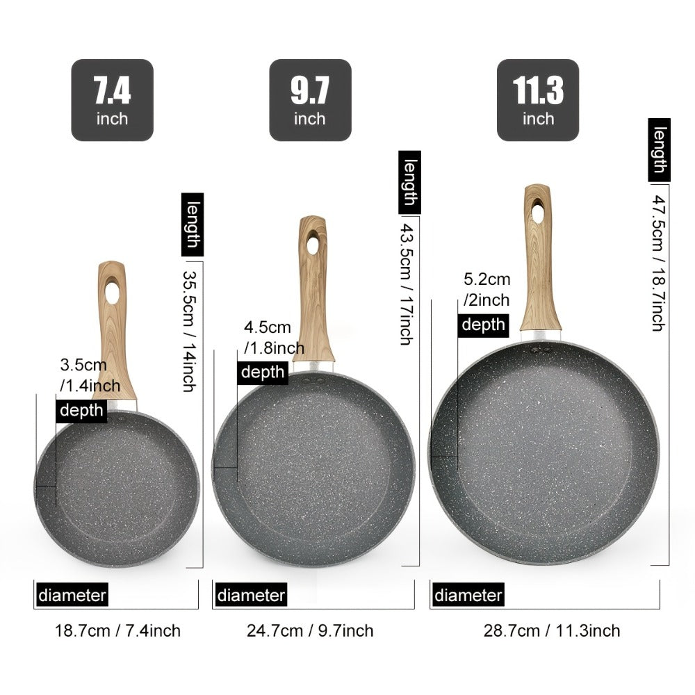 Non-Stick Frying Pan Set 3-Piece 7 9.5 11 Inch – Dishwasher Safe Skillet Set with Insulated Handle | Induction Compatible Home Kitchen Pans in Beige Grey & Black | Durable Even-Hea - product image 2