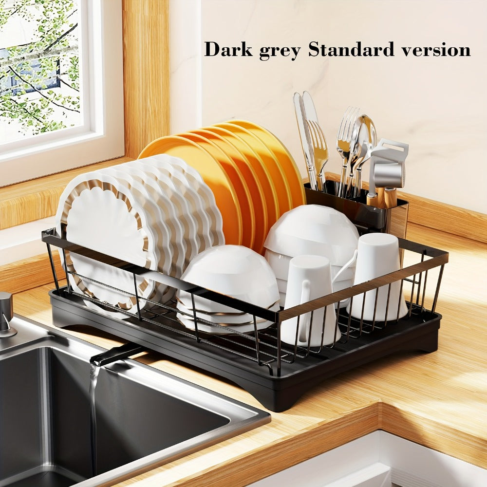 Dish Drying Rack 2 Tier with Drainboard for Kitchen Counter Metal Dish Drainer with Utensil Holder Cups Organizer Space Saving Kitchen Drying Rack Black White - product image 7