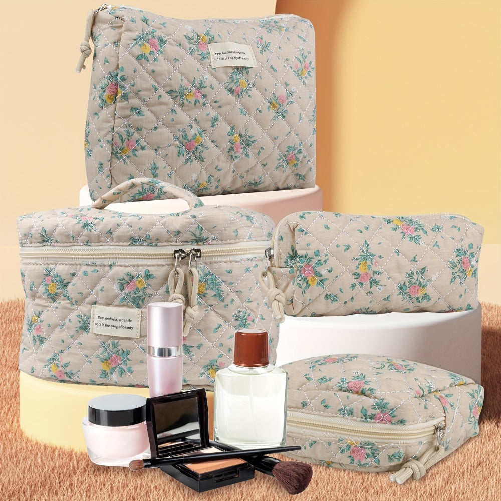 Quilted Makeup Bag Set 4-Piece Floral Rose Coquette Aesthetic Premium Cotton Cosmetic Organizer Travel Toiletry Pouch 4 Sizes for Women Girls Vanity Bathroom Gift - product image 4