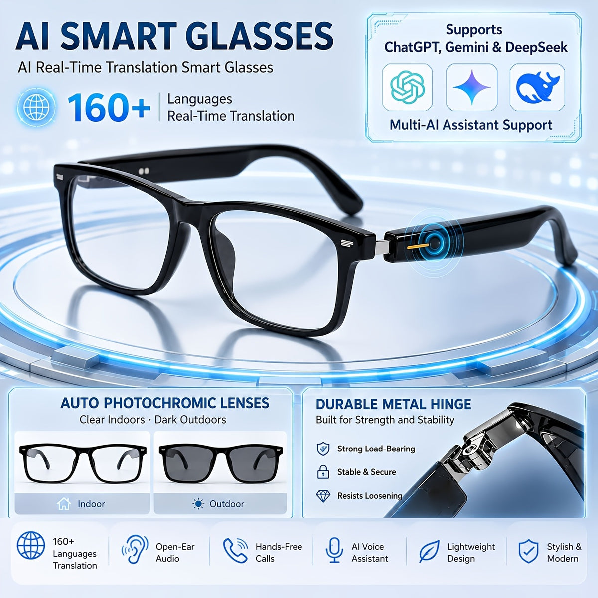 2026 AI Smart Translation Glasses, 160+ Languages Real-Time & Video Translation, Photochromic Blue-Light Lenses, Open-Ear Audio, Touch Control, Hands-Free Calls & Music
