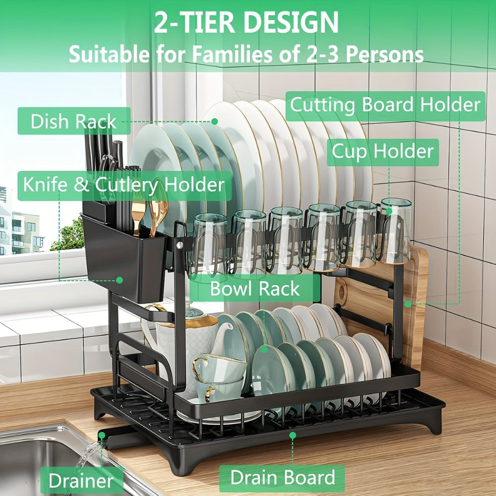 2-Tier Metal Dish Drying Rack with Drainboard – Kitchen Counter Dish Drainer Compact Countertop Drying Rack Black White Gray - product image 2