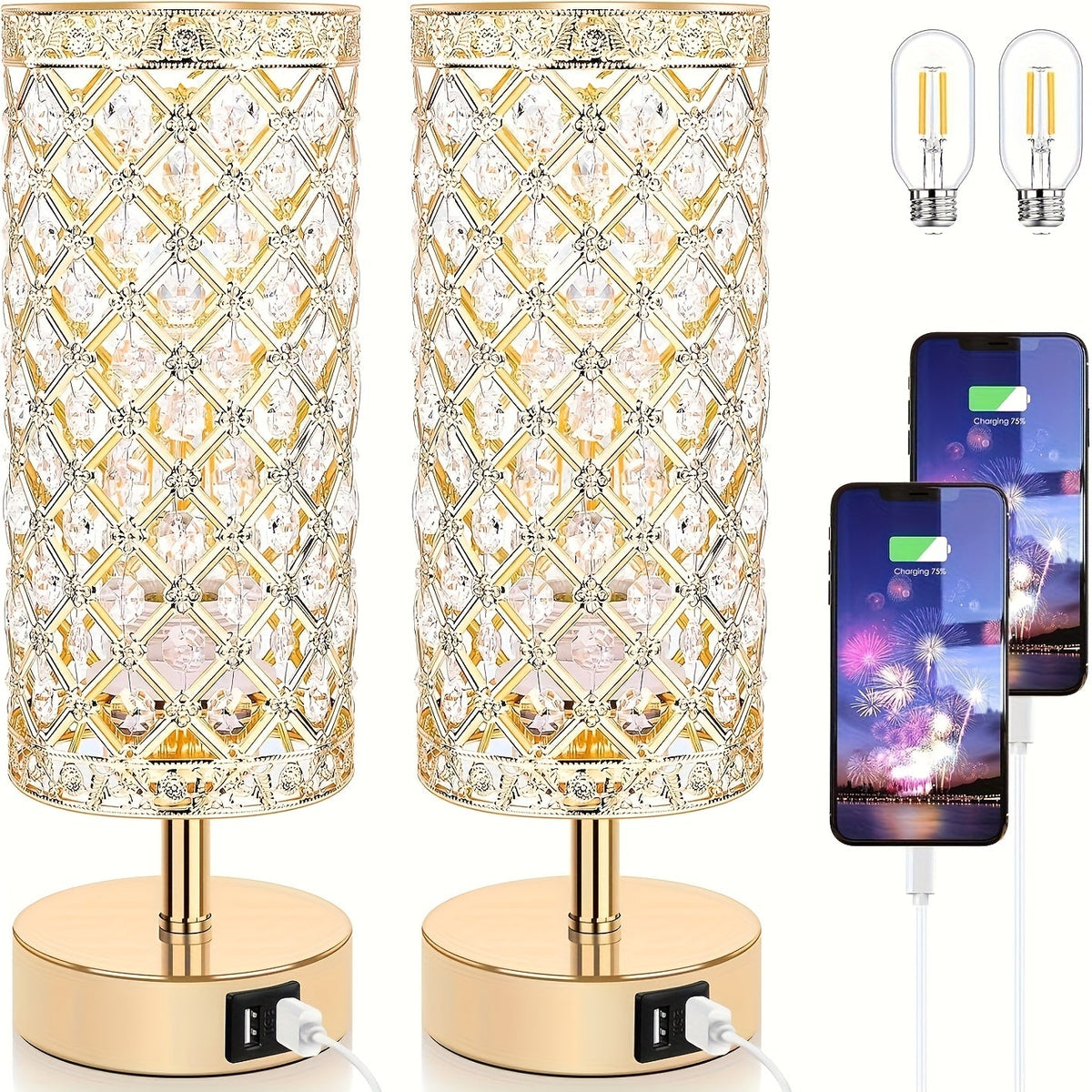 Crystal Bedside Table Lamp with Touch Control & 2 USB Charging Ports, 3-Way Dimmable Nightstand Lamp with Decorative Crystal Base, LED Bulb Included, for Bedroom Living Room Office - product image 14