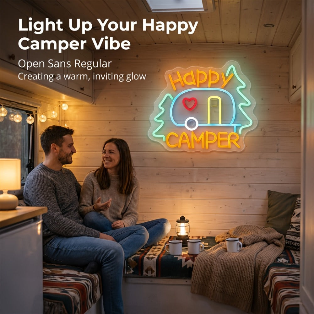 Happy Campers Neon Sign LED Wall Light | Illuminated RV Camper Decor Sign for Campsite Bedroom Man Cave Bar Party Polychrome Glowing Gift for Campers - product image 5