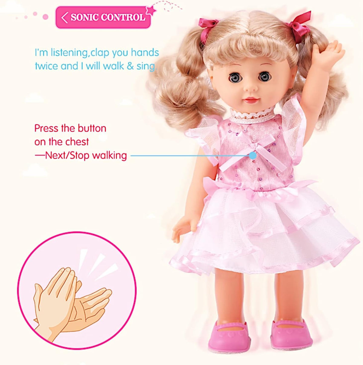 Walking Talking Doll Sonic Control 12 Inch Blonde Princess | Clap Activated Sings Walks Talks, Blinking Blue Eyes, Interactive Electronic Baby Doll, Birthday - product image 10