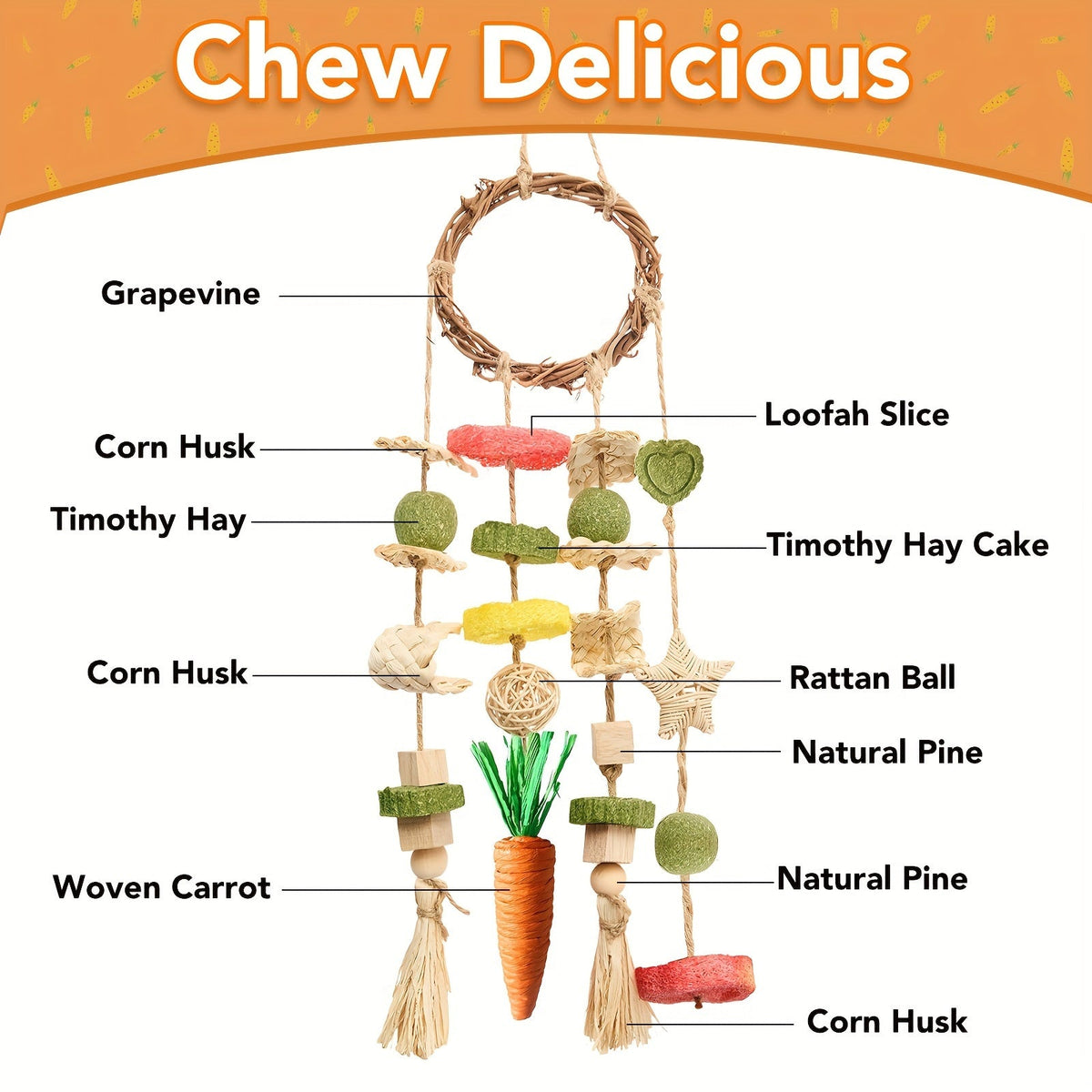 Small Animal Chew Toys 2 Pack | Teeth Grinding Enrichment Toy for Bunnies and Small Pets | Rattan Ring Hanging Cage Toys with Natural Snacks for Rabbits Guinea - product image 3