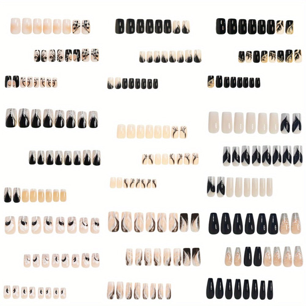 Black White Square Press On Nails 216 Pieces 9 Packs – 3D Butterfly Floral Fox Tail Glitter Marble Geometric Designs | Glossy Full Cover Acrylic Nails with Jelly Glue & File for Wo - product image 3