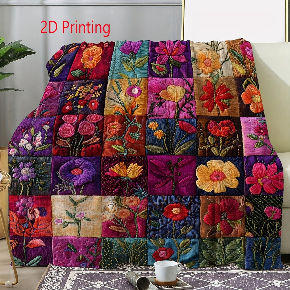 Vintage Green Floral Plaid Flannel Throw Blanket - Soft Warm Cozy 250GSM Retro Style Digital Print for Couch Bed Car Office Camping, All-Season Gift Blanket - product image 2