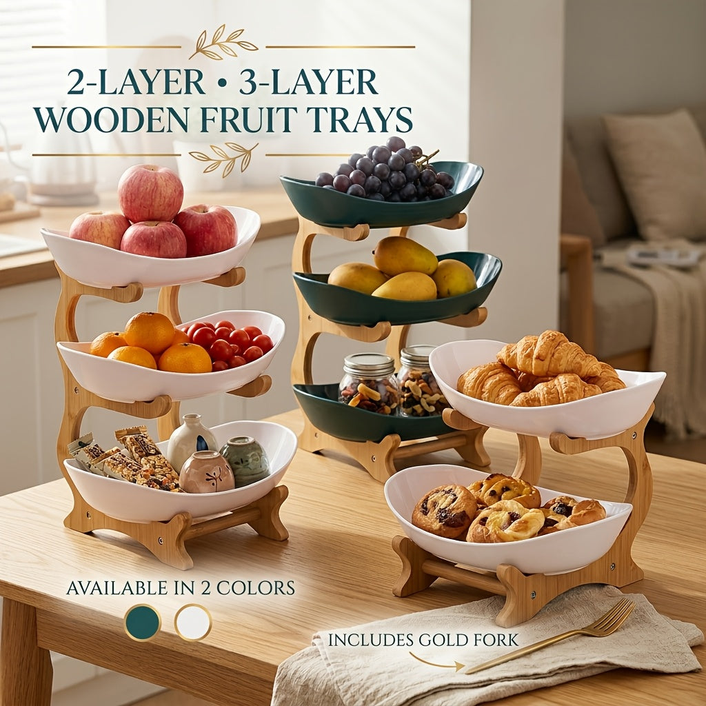 A Creative Two-Layer/Three-Layer Kitchen Fruit Basket, Large-Capacity Layered Fruit Basket, European-Style Dried Fruit Plate, Bamboo and Wood Frame, Household - product image