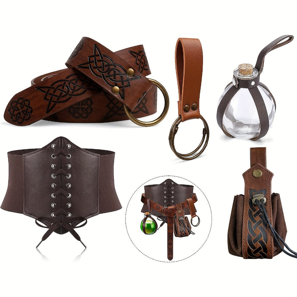 Medieval Costume Accessories Set 5-Piece | Corset Belt, Renaissance Belt Bag, Cork Potion Bottle & More for Halloween, Renaissance Faire, LARP & Cosplay - product image