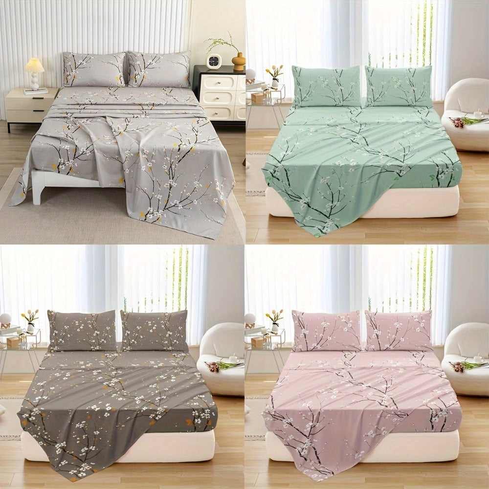 Fitted Sheet Set 4-Piece Plum Blossom Floral Print | Deep Pocket 15" Bed Sheets Twin Full Queen King | Soft Polyester Bedding Set with 2 Pillowcases, All-Season Machine Washable - product image