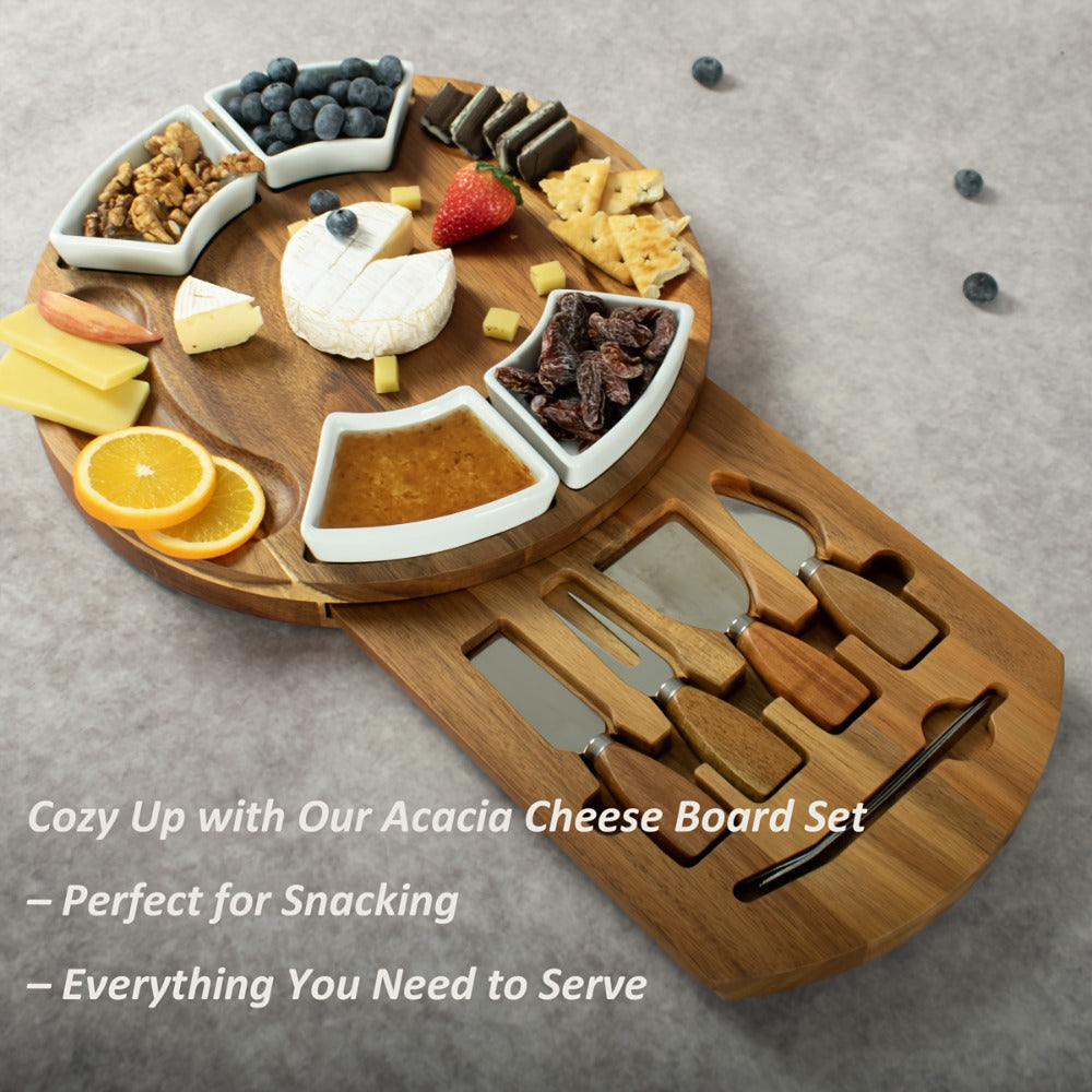 Acacia Wood Charcuterie Board Set Circular Cheese Board with Drawer Knife Set & Ceramic Bowls | Premium Serving Platter Gift Set for Housewarming Bridal Shower Wedding Birthday Wom - product image 5