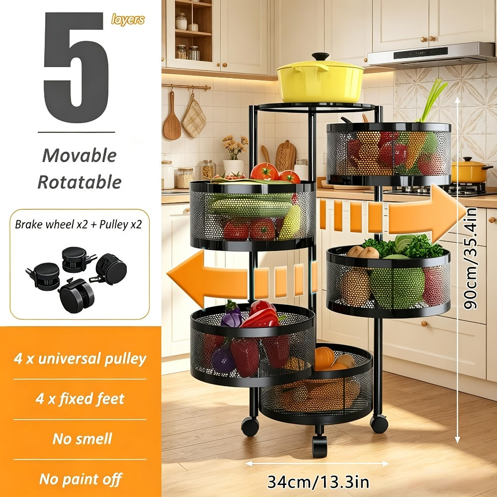Rolling Storage Cart with Wheels 5-Tier 360° Rotating Kitchen Organizer Basket, No Assembly Space-Saving Floor Standing Bin for Kitchen Pantry Bathroom Bedroom Fruits Vegetables Ho - product image 8