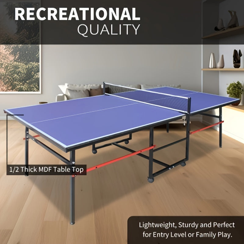 Regulation Size Table Tennis Table, Fold-Up Design with 4 Wheels for Easy Storage, Indoor Outdoor Use, Blue | Collapsible Ping Pong Table 8ft with Net, 2 - product image