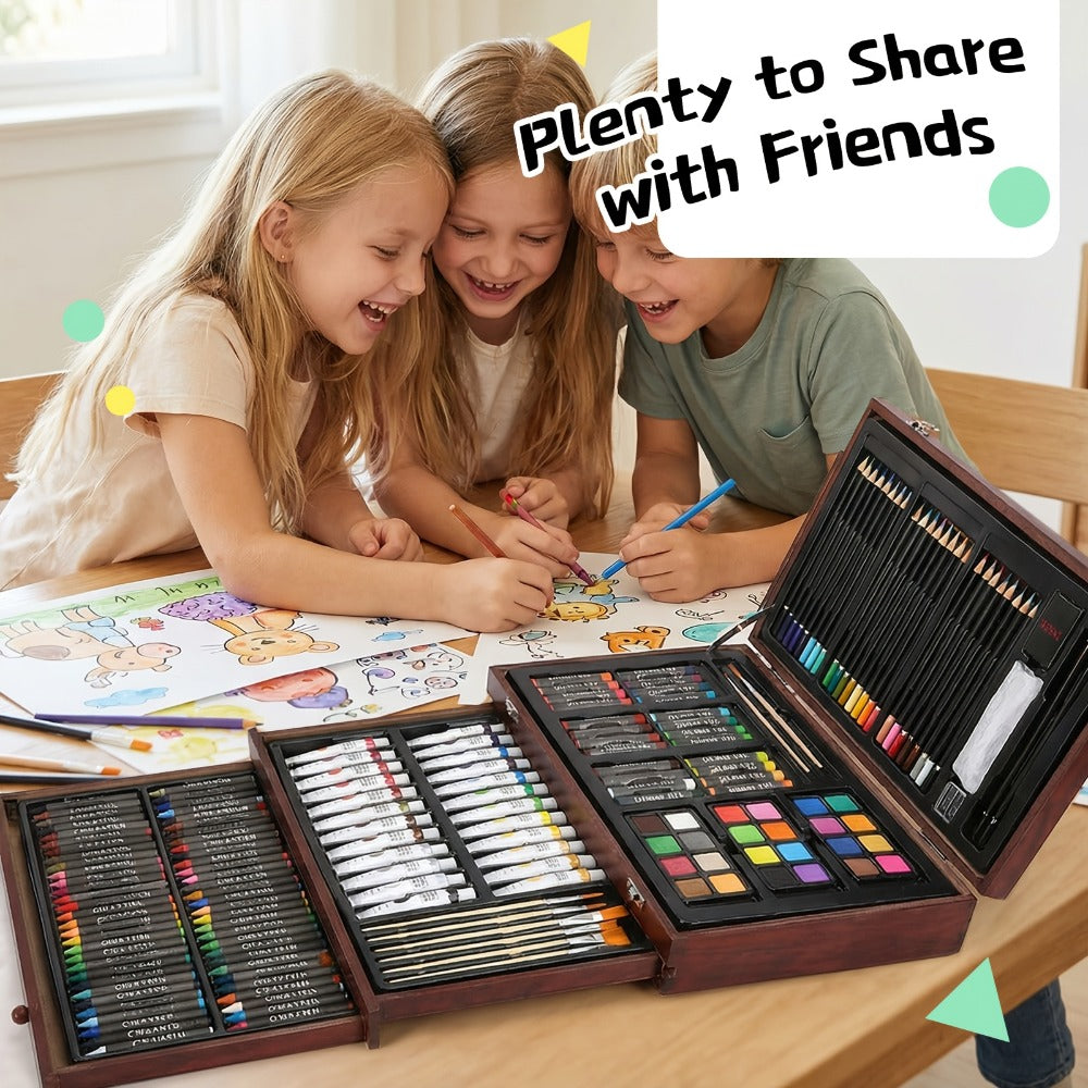 Drawing Pads Crayons Acrylic Paints Colored Pencils Complete Professional Art Kit Gift for Kids Teens Adults Birthday Christmas – 175-Piece Deluxe Art Set in Wooden Case