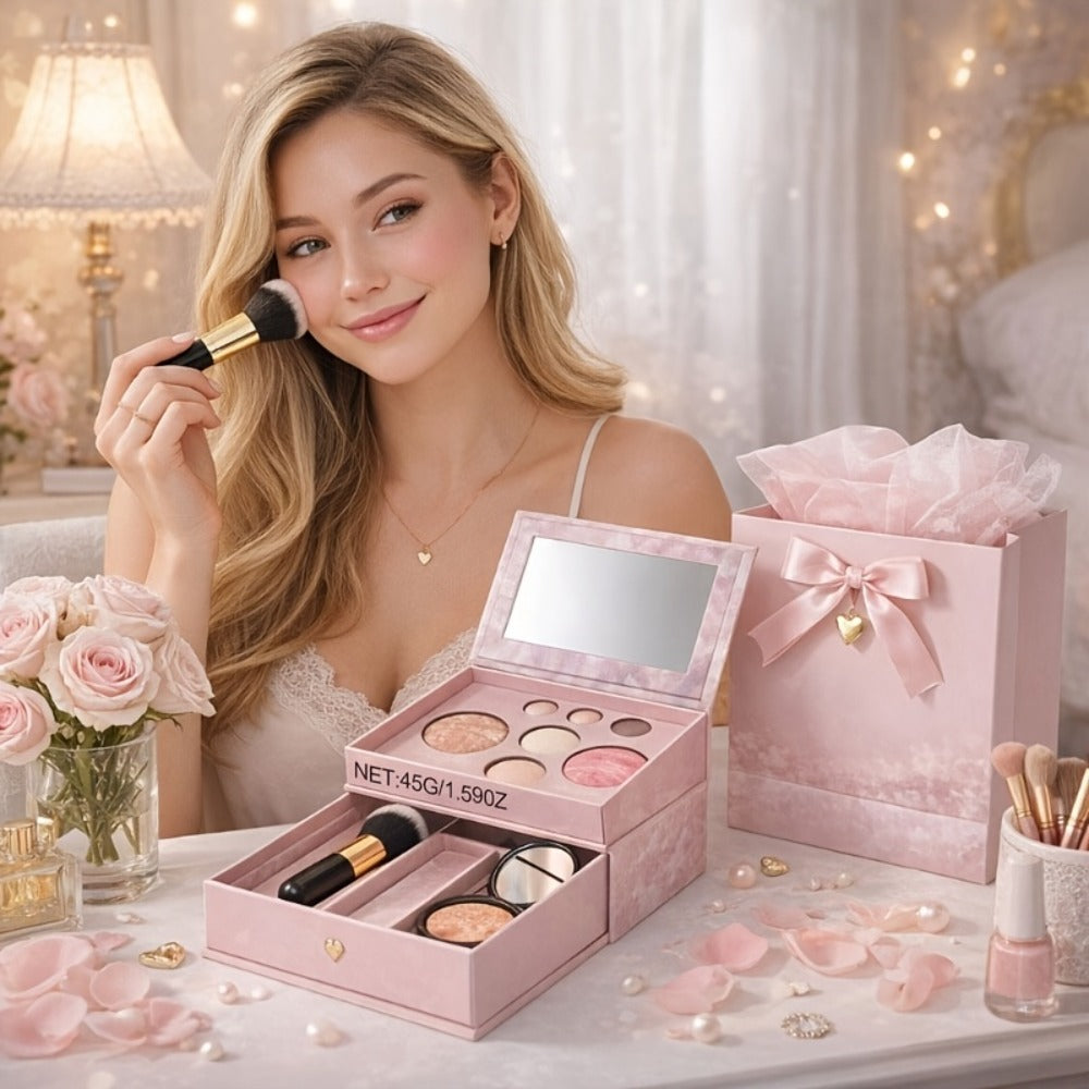 All-in-One Baked Makeup Palette Set 3pcs for Women – 7-Color Face Powder Blush Eyeshadow Trio & Concealer Brush, Portable Travel Compact, Flawless Finish All Skin Tones, Beauty Gif - product image