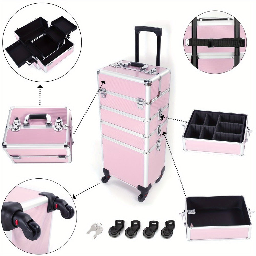 Rolling Makeup Case Aluminum 4-in-1 Extra Large Professional Cosmetic Trolley with 360° Swivel Wheels for Makeup Artist Tattoo Artist Salon Travel Black Pink Silver - product image 5