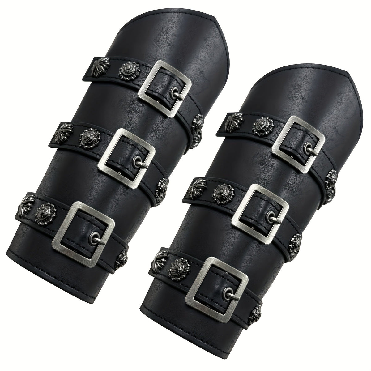 PU Leather Knight Gauntlets Adjustable Metal Buckles Rivets for Men Women Halloween Cosplay LARP Renaissance Fair Stage Costume Dark Brown Khaki Black | Viking Medieval Leather Arm Guards Bracers