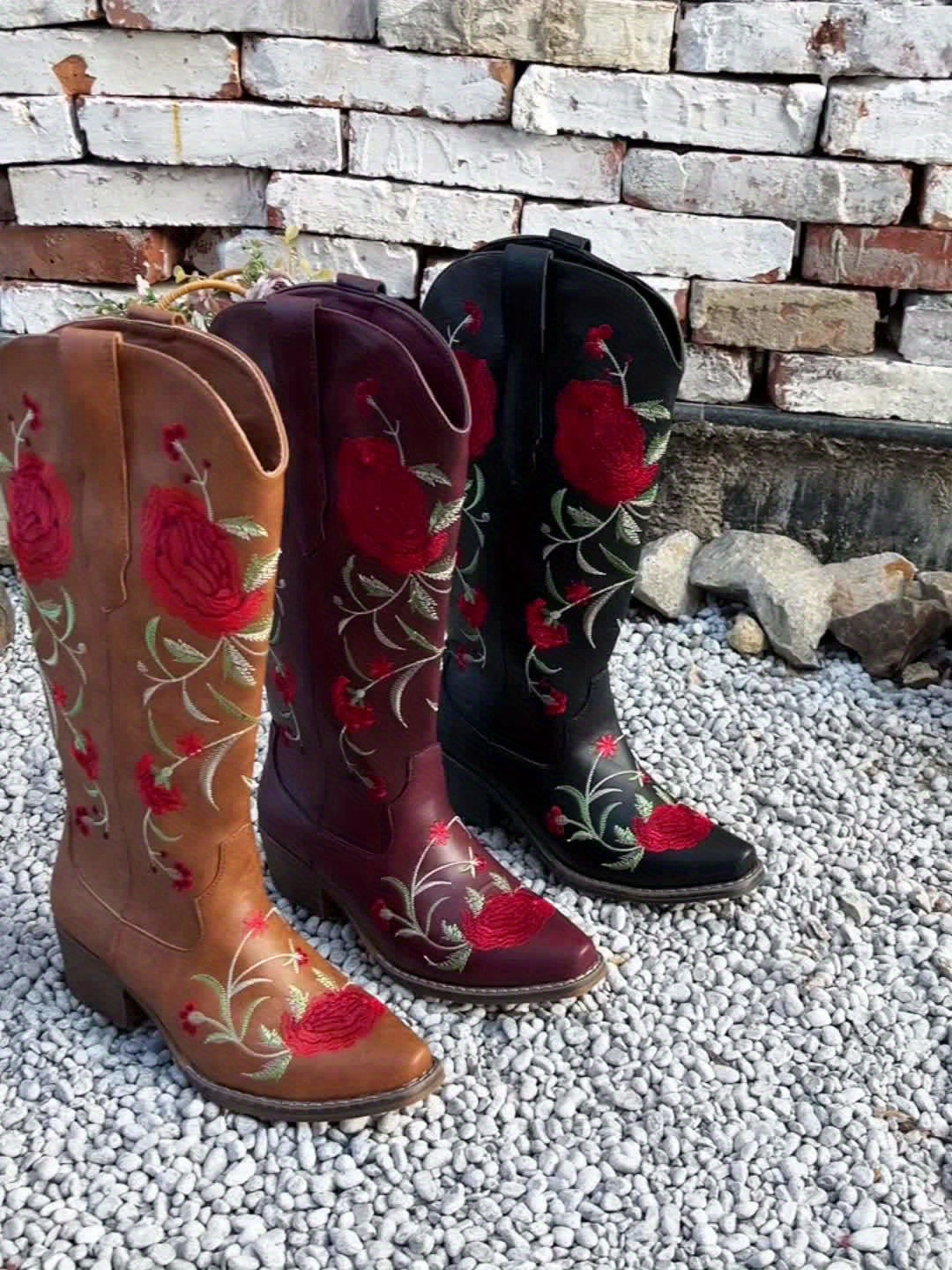 Women's Vintage Floral Embroidered Western Cowboy Boots - Slip-On Mid-Heel Square Toe, Faux Cover Upper & TPR Sole, All-Season Casual Cowgirl Boots with Fabric - product image 14