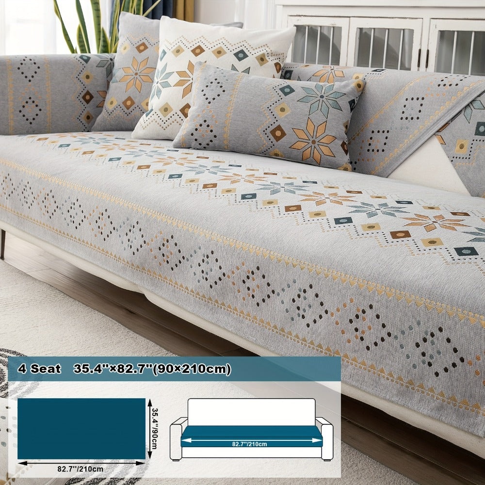 Bohemian Chenille Sofa Cover | Geometric Print Non-Slip Couch Slipcover, Thick Plush Boho Style, 1 to 4 Seat, Armrest & Backrest, Machine Washable, Sectional Sofa Protector - product image 18