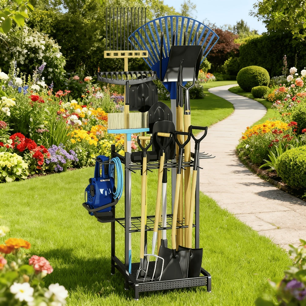 Garden Tool Organizer for Garage – Metal Yard Tool Storage Rack with Hooks & Wheels for Long-Handled Tools, Broom, Shovel, Rake, Mop – Heavy Duty Freestanding Tool Stand Holder, Bl - product image 5