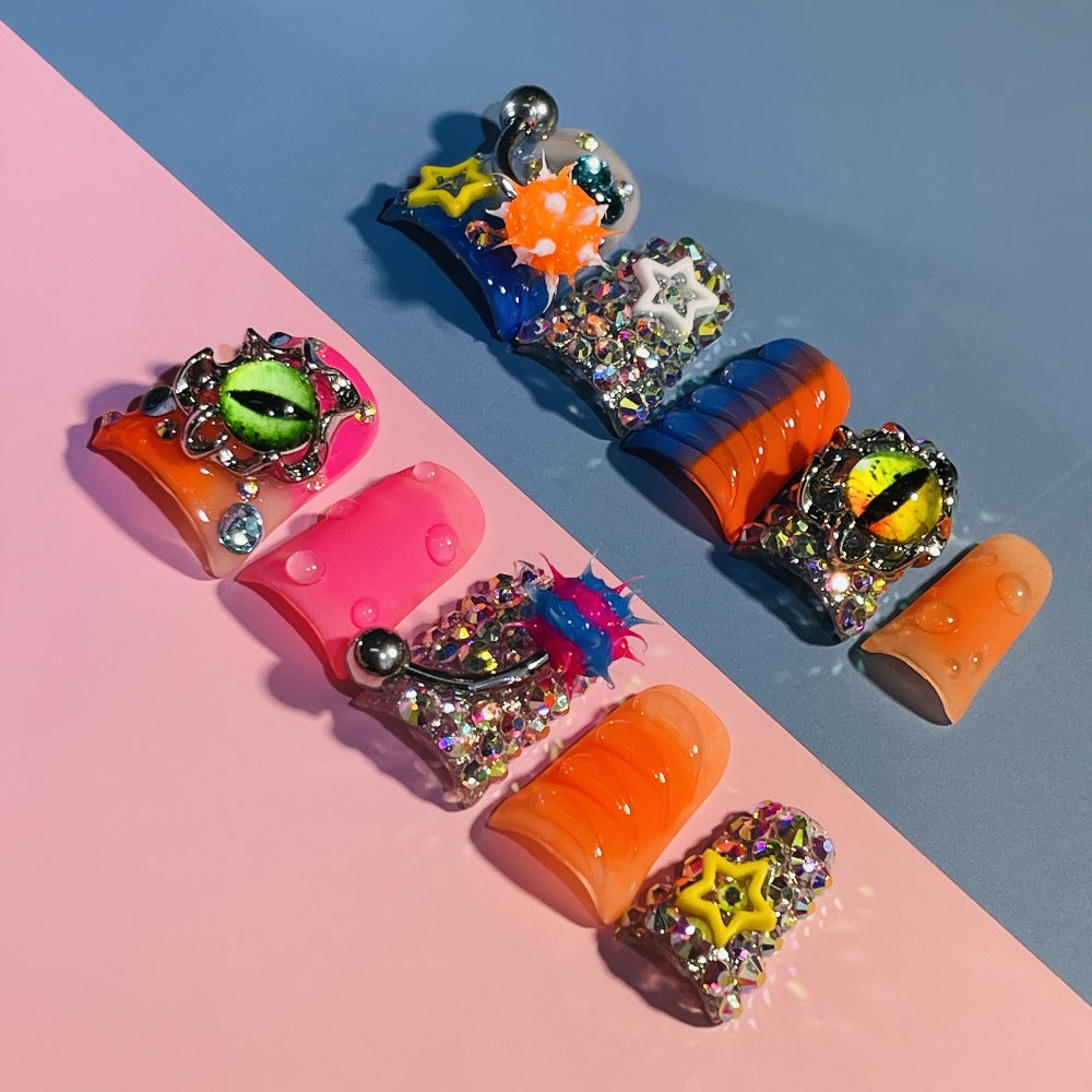 Y2K Duckbill Press On Nails Handmade 3D Charm – Nightmare Eye Barbell Rhinestone Strobe Gradient Star False Nails for Women Girls | Edgy Festival Party Nail Art | S M L Sizes Pink  - product image 10