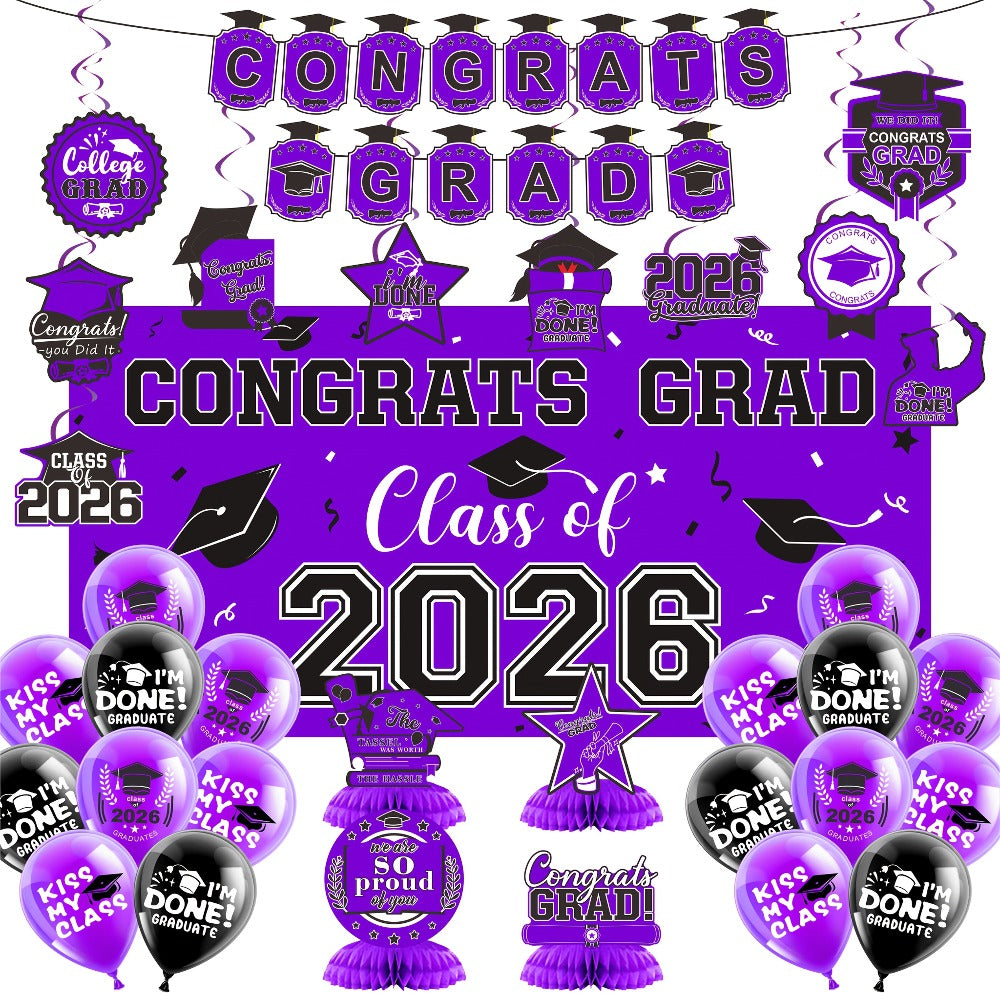 Complete Set with Backdrop Banner Hanging Swirls Balloons & Honeycomb Supplies, 6 Color Options Purple Maroon Blue Red Green Gold | Class of 2026 Graduation Party Decorations