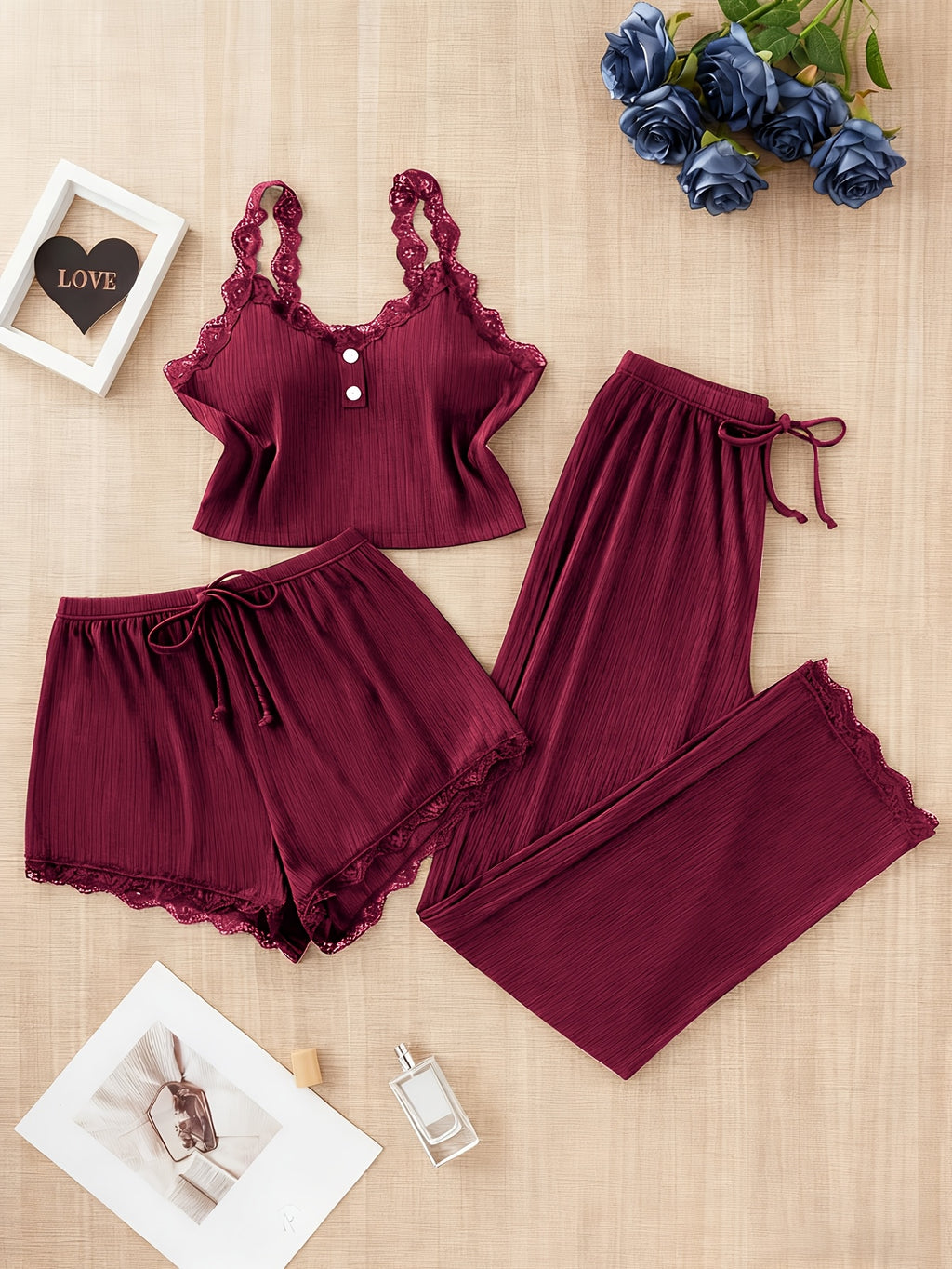 Random Delivery, 3pcs Plus Size Ladies Four Seasons Sexy Lace Suspender Home Service Suit (including Trousers, Shorts and Vest), Black-burgundy-grayish Blue - product image 10