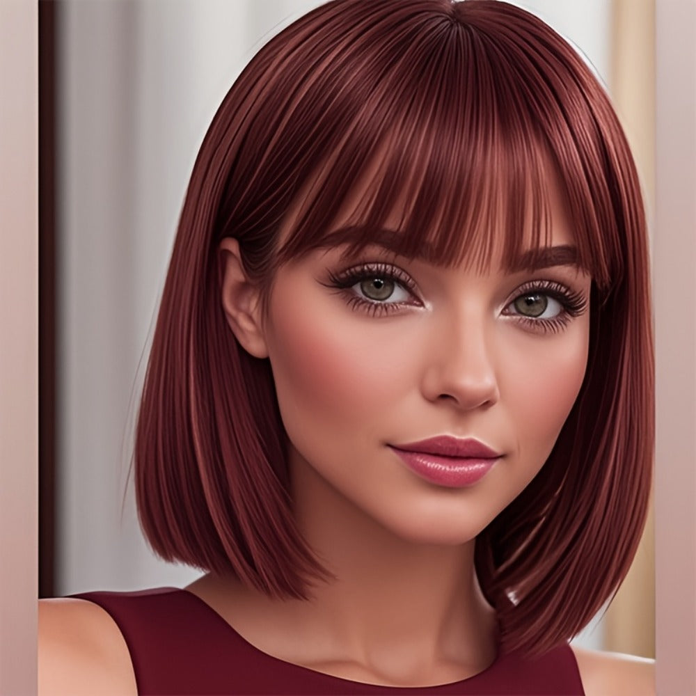 Rose Net Cap Synthetic Wig with Bangs 12 Inch Multi Color Breathable Soft Cap for Women | Light Yellow Gradient Brown Red Highlights Light Brown | Daily Wear Cosplay - product image 7