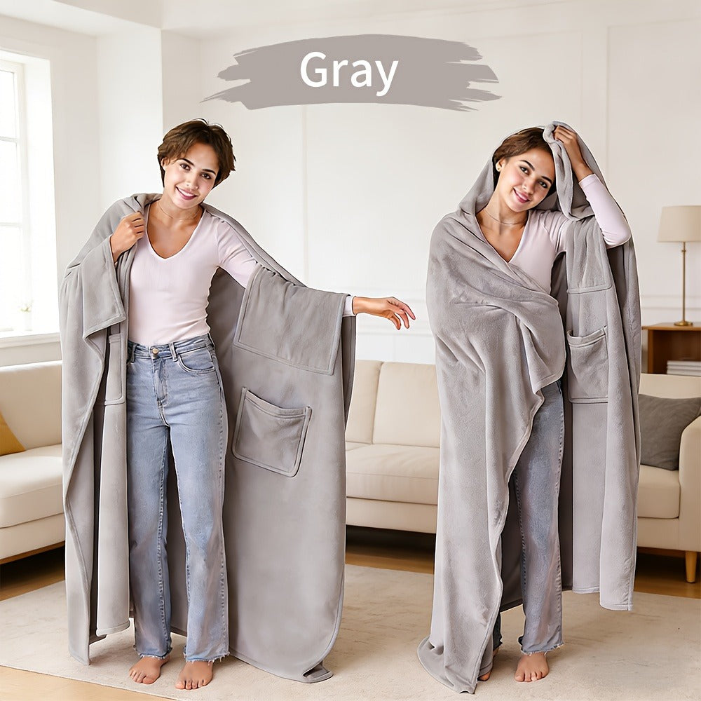 Wearable Blanket Shawl with Inner Pocket - Soft Flannel One-Piece Wrap for Adults Women Men, Cozy Sofa Travel Blanket Machine Washable, Grey Dark Blue Black - product image 3