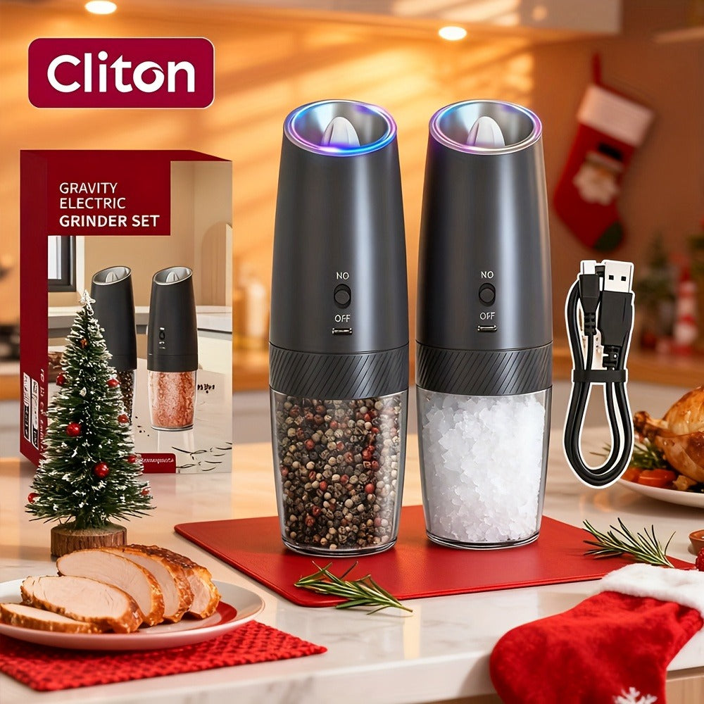 Electric Salt and Pepper Grinder Gravity Sensing USB Rechargeable with LED Light, One-Hand Operation Automatic Pepper Mill Adjustable Coarseness, Battery or Type-C Powered Kitchen  - product image