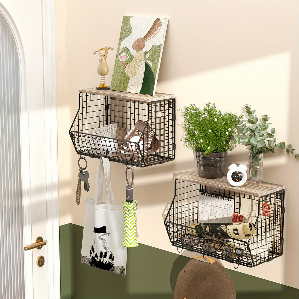 Stackable Metal Wire Fruit Basket with Lid – 1 or 2-Tier Hanging Kitchen Pantry Storage Bin, Wall-Mounted or Countertop Vegetable Organizer for Potato, Onion & Produce, Black - product image 2