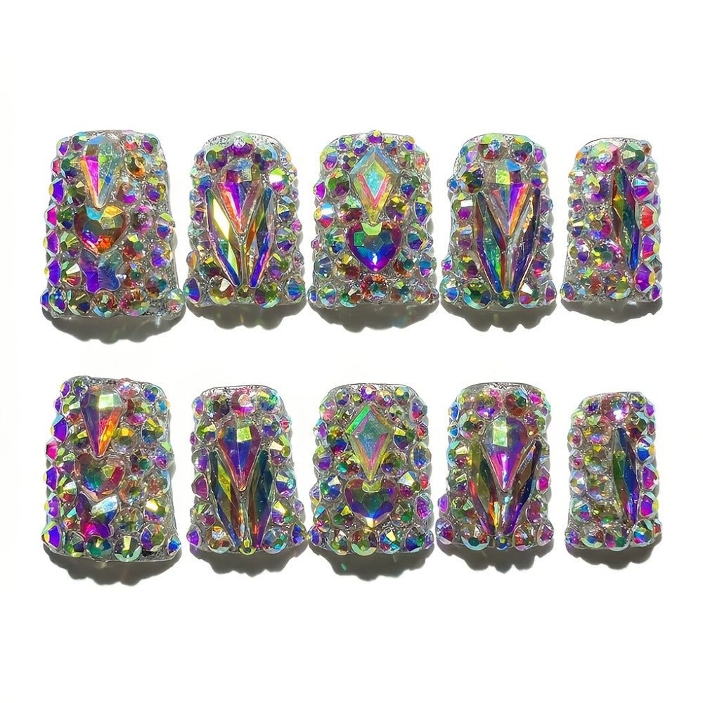 Short Duckbill Press On Nails 10pcs Handmade AB Crystal Colorful Diamond Glossy – Reusable Non-Toxic Salon Quality Spring Summer Nail Art Set with Gel Adhesive Tabs S M L for Women - product image