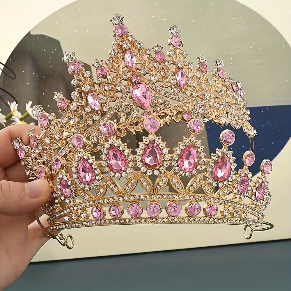 Baroque Style Tiara Headwear for Girls Women Birthday Party Prom Dance Wedding Halloween Costume Accessory Dress Up | Princess Crown with Pink Gemstones 2pcs Set