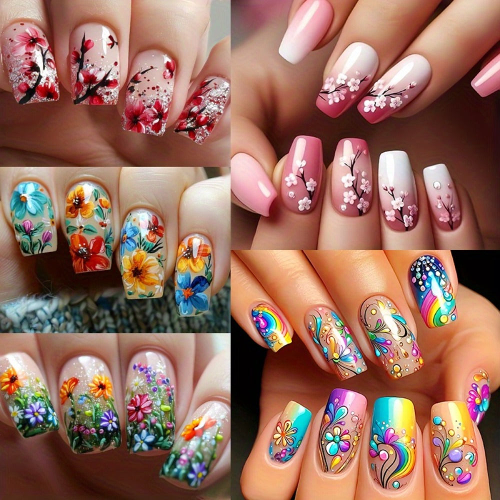 Floral Press On Nails 120 Pieces 5 Packs – Glossy Spring Summer False Nails Medium Square Full Cover Fake Nails with Striped & Mixed Color Designs | Removable Nail Art Set for Wome - product image 9