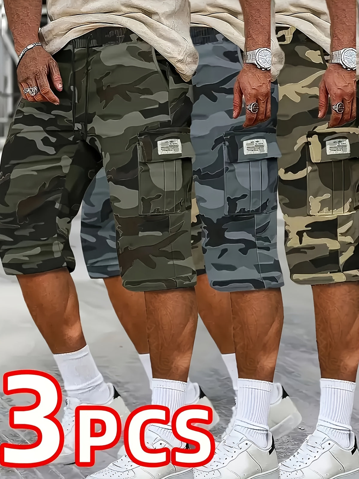 [Father's Day Gift Choice] 3pcs Camo Cargo Shorts for Men, Knee-Length Shorts with Flap Pockets and for Hiking, Hunting, Fishing, Work Shorts for All Outdoors - product image 2