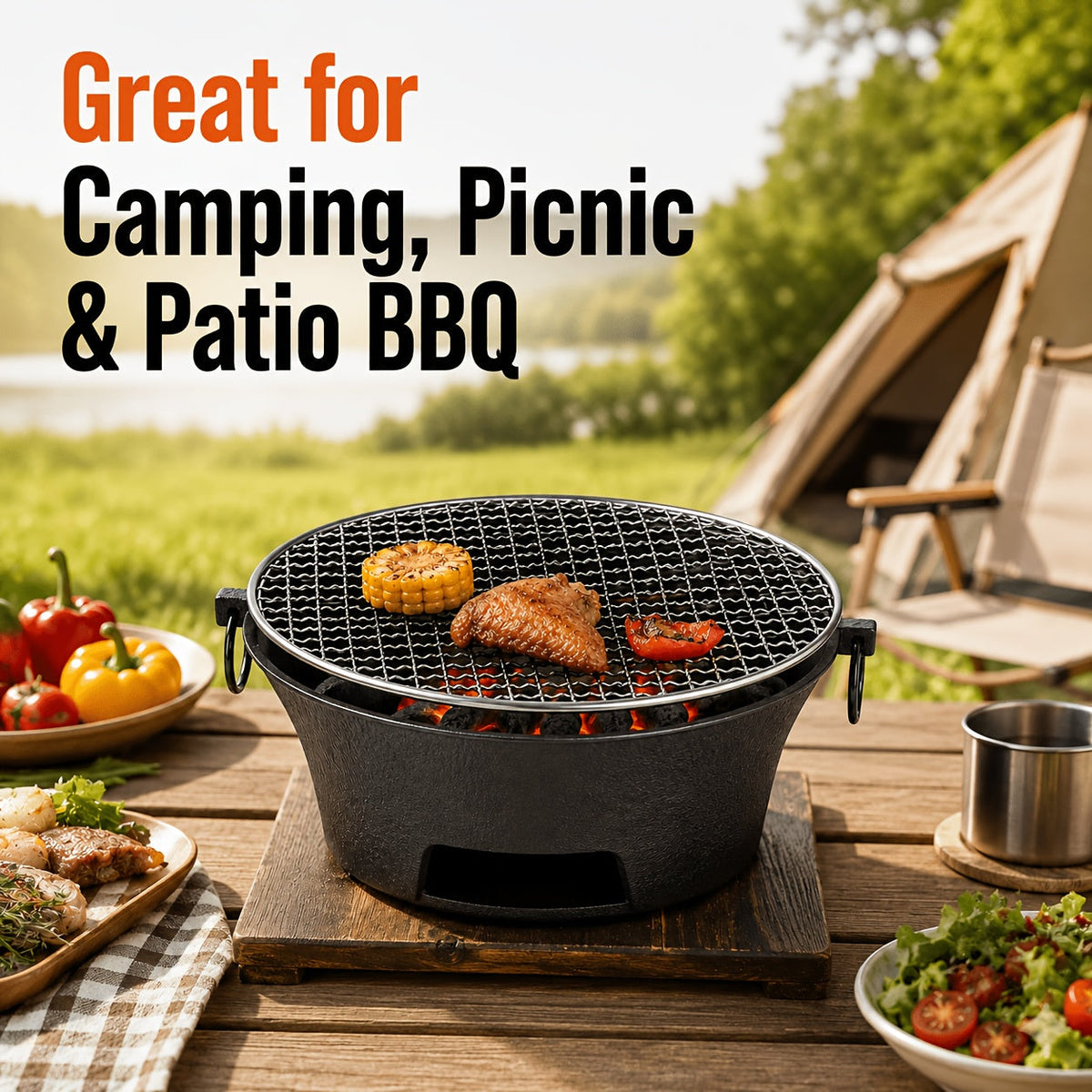 Tabletop Charcoal Grill 10.25 Inch | Travel-friendly BBQ Grill with Cooking Grate, Compact Outdoor Barbecue for Camping, Picnic, Patio, Backyard, Beach & RV Trips, Featherlight & Easy to Set Up