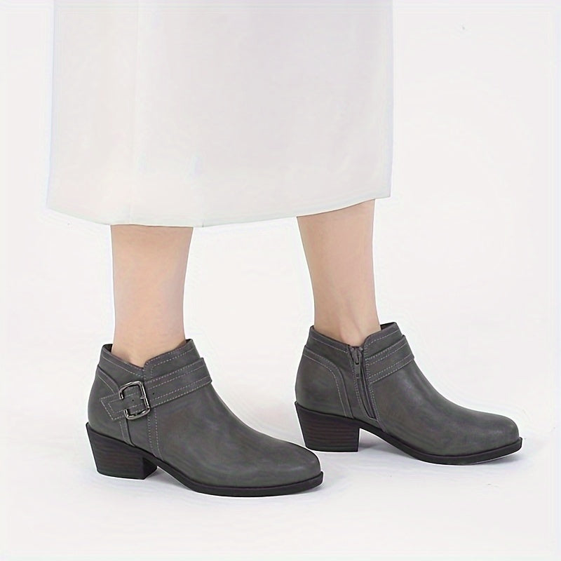 Women's Chunky Low Heel Ankle Boots, Classic Solid Color Buckle Strap & Side Zipper Booties, Women Shoes - product image