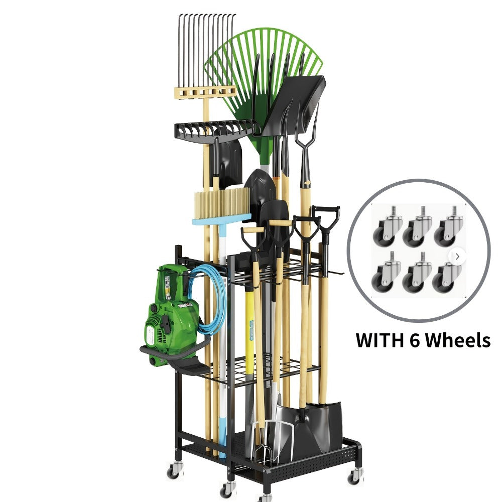 Garden Tool Organizer for Garage – Metal Yard Tool Storage Rack with Hooks & Wheels for Long-Handled Tools, Broom, Shovel, Rake, Mop – Heavy Duty Freestanding Tool Stand Holder, Bl - product image 4