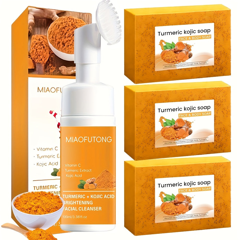 Turmeric Vitamin C Facial Cleansing Kit Face Wash Foam Soap Bars Set Brightening Moisturizing Nourishing Gentle Non-Irritating Cleanser with Brush Applicator All Skin Types Unisex  - product image 10
