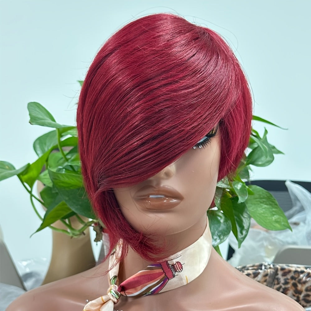 Pixie Cut Human Hair Wig with Bangs 8 Inch 200% Density Glueless | Side Part Layered Straight Rose Net Cap Throw On and Go | #1 #4 #99J Women Daily Party - product image 5