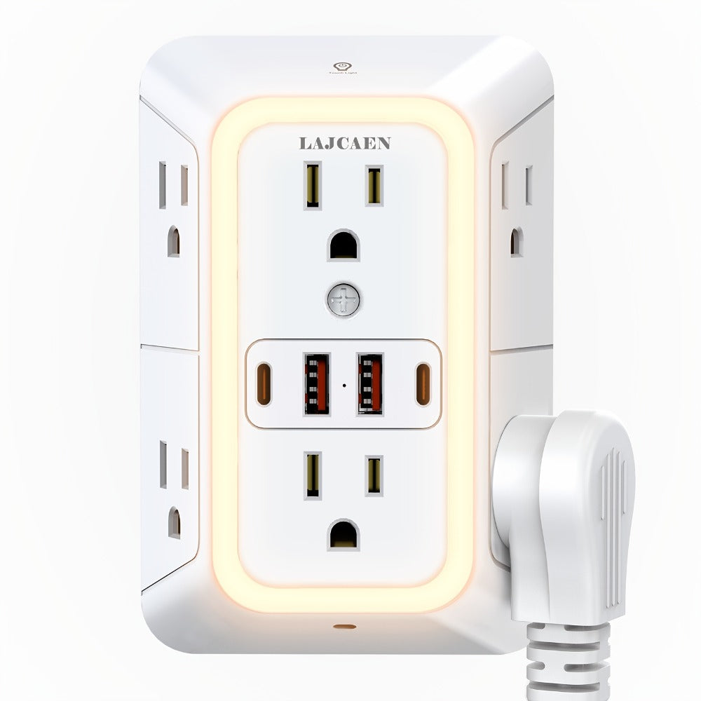 Outlet Splitter Wall Expander 10-in-1 with 6 AC Outlets 2 USB-A 2 USB-C Ports 3-Sided Plug Extender Surge Protector Night Light Compact Space-Saving Design for Home Dorm Apartment  - product image 5